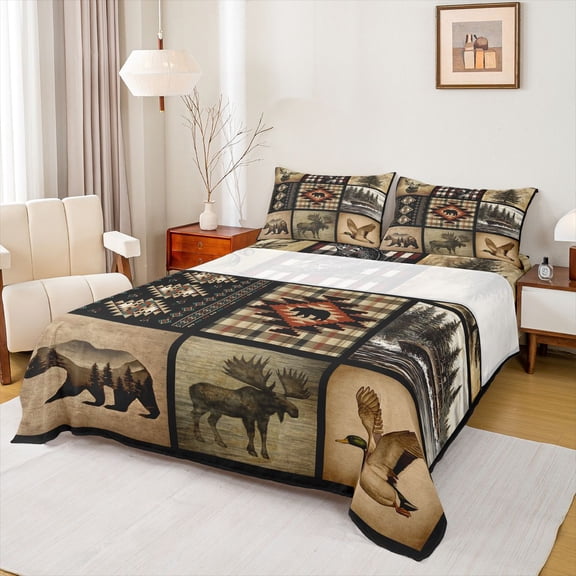 Erosebridal Rustic Lodge Cabin Full Size Sheets, Hunting Mallard Duck Deer Bear Bed Sheets, 1 Flat Sheet, 1 Fitted Sheet and 2 Pillowcases