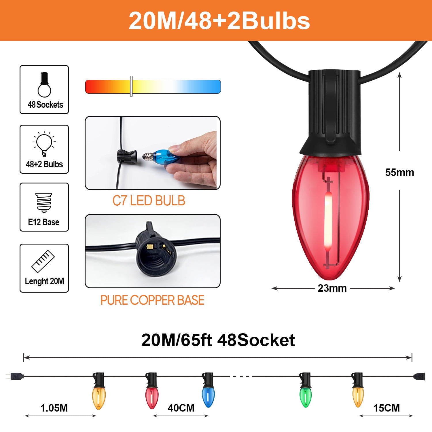 65FT C7 LED Colorful Bulbs Outdoor String Lights with 48+2 Shatterproof Bulbs, Multi-Color Light Bulbs for Christmas Wedding Patio Garden Decoration