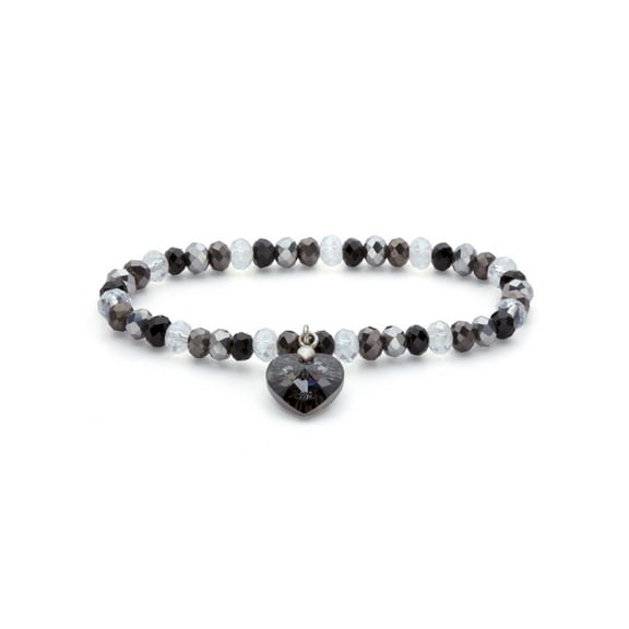 PalmBeach Jewelry Faceted Black and White Crystal Beaded Heart Charm Stretch Bracelet in Silvertone 7"