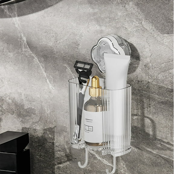 Suction Cup Bathroom Storage Rack | Wall Mounted No Drill Holder for Toothpaste Razor Comb | Clear Gray Plastic Organizer Box with Drainage Holes