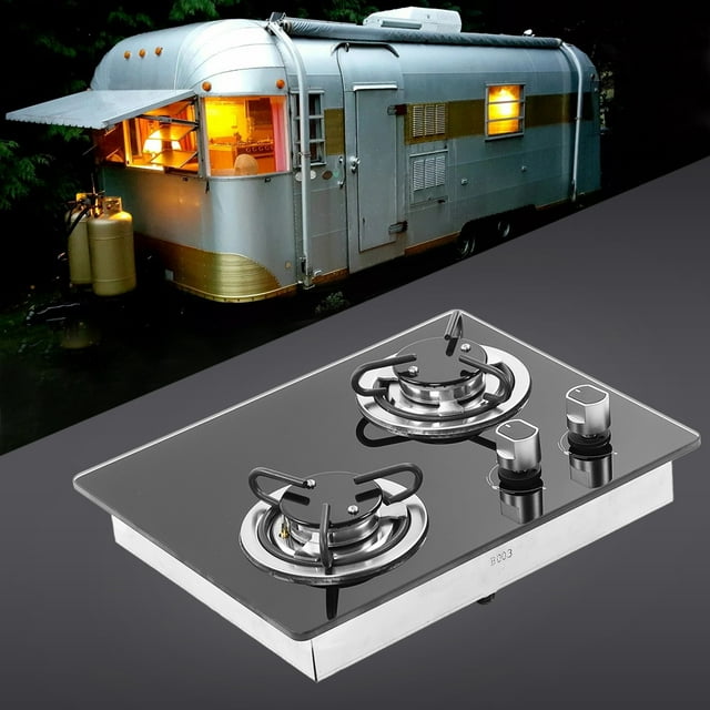 Gas Stovetop, Tempered Glass Panel 2 Multi Fire Easy To Clean Gas Cooktop 1.8Kw Power for Yacht for for RV