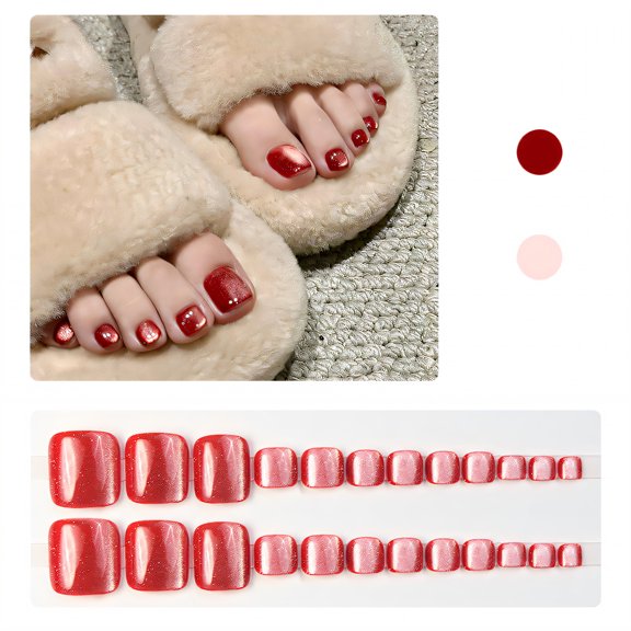 RAGUPEL 24Pcs Toe Press on Nails Square Short Flat Edge Seal Nails Glue on Pearlescent Glitter Cute Nails with Comes Includes Mini Glue for Women Style1