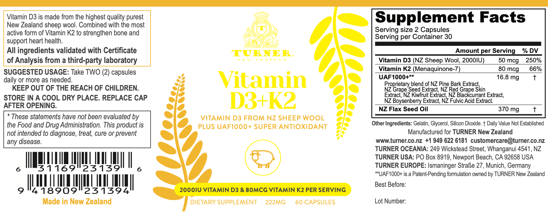 TURNER Grass-Fed Vitamin D3 and K2 Antioxidants Supplement, 5 Bottles, 300 Capsules