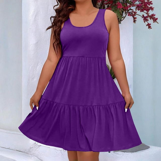 mfyjkho Vestidos para mujer, Vestido liso sin mangas con cuello redondo informal de verano de talla grande para mujer Vestidos de playa para mujer xl