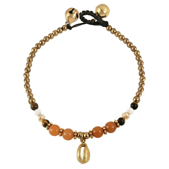 Beach Inspired Cowrie Seashell Charm Orange Carnelian Brass Jingle Bell Bracelet