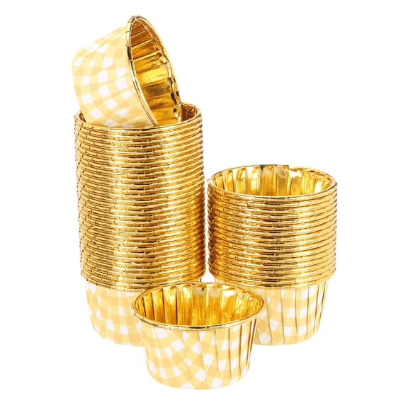 Uxcell 100 Pcs Single-sided Aluminum Foil Cupcake Liners, Greaseproof Muffins Baking Cupcakes for Wedding Birthday Party Decoration, Yellow (Round-Grid)