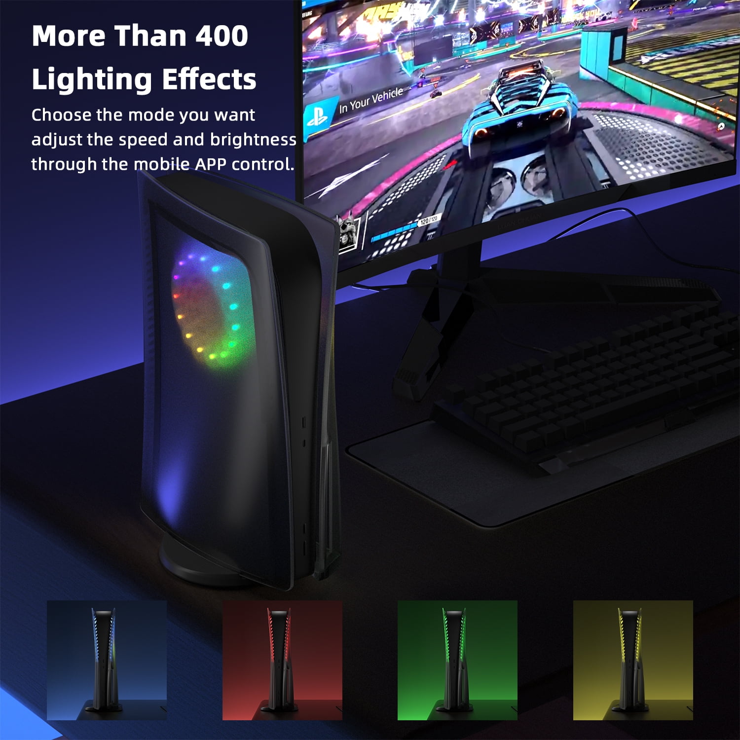 Mytrix PS5 Faceplate 2 in 1 Translucent Black Plates for PS5 Disc Edition + RGB LED Music Sync Light Strips Kit: Replacement Console Face Plate, Sound Sync Mode Lighting with 8 Colors 400+ DIY Effects
