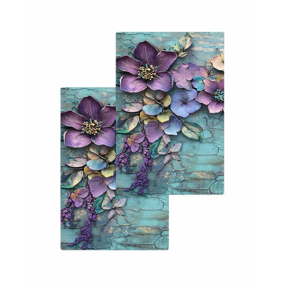 Spring Purple Flower Kitchen Dish Towels for Drying Dishes Set of 2, Retro Wall Seamless Garden Pastoral Waffle Weave Microfiber Terry Hand Tea Bathroom Towels Quick Dry & Absorbent Towel 15.7x23.6