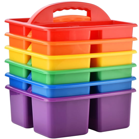 Plastic Classroom Storage Caddy Organizer with Handle, 6-Pack 3 Compartments, Teacher Supply Caddy for Classroom Organization, Table, Desk, Office, Craft Art Caddy - Assorted Colors