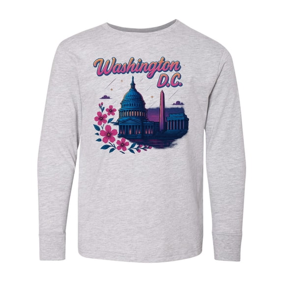 Inktastic Washington D.c. Skyline Cherry Blossoms Long Sleeve Youth T-Shirt