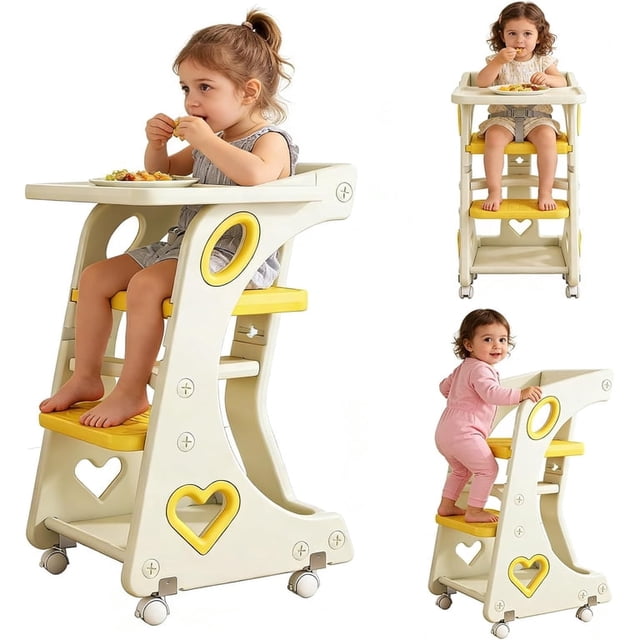 Taburete de Cocina 4 en 1, Torre de Aprendizaje Montessori con 2 Niveles de Ajuste de Altura, Cinturones De Seguridad Ajustable, Placa Giratoria de 240 °, Ruedas de 360 Grados, 80*51*42cm (Amarillo)