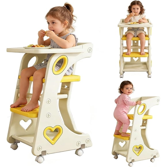 Taburete de Cocina 4 en 1, Torre de Aprendizaje Montessori con 2 Niveles de Ajuste de Altura, Cinturones De Seguridad Ajustable, Placa Giratoria de 240 °, Ruedas de 360 Grados, 80*51*42cm (Amarillo)