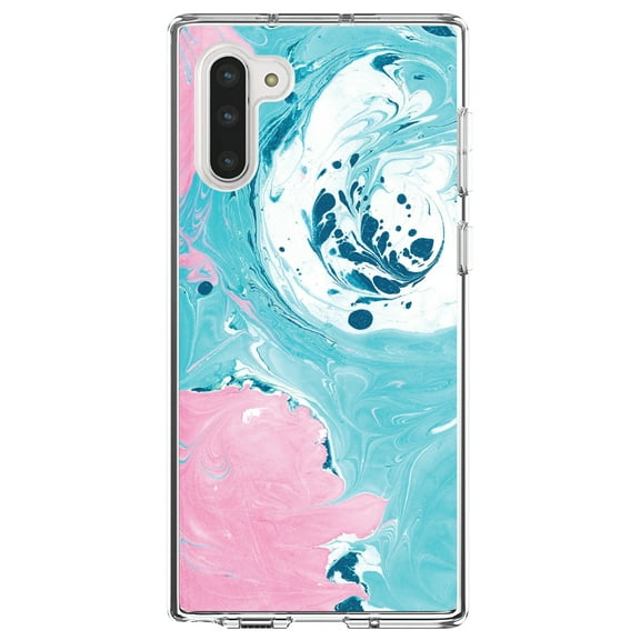 DistinctInk Clear Shockproof Hybrid Case for Samsung Galaxy Note 10 (6.3" Screen) - TPU Bumper, Acrylic Back, Tempered Glass Screen Protector - Blue Pink White Marble Image Print - Printed Marble