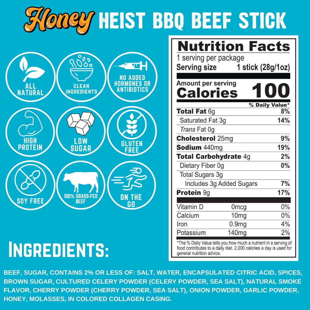 Righteous Felon Grass-Fed Meat Sticks - Low Sugar, High Protein Beef - Honey Heist BBQ, 10 pack