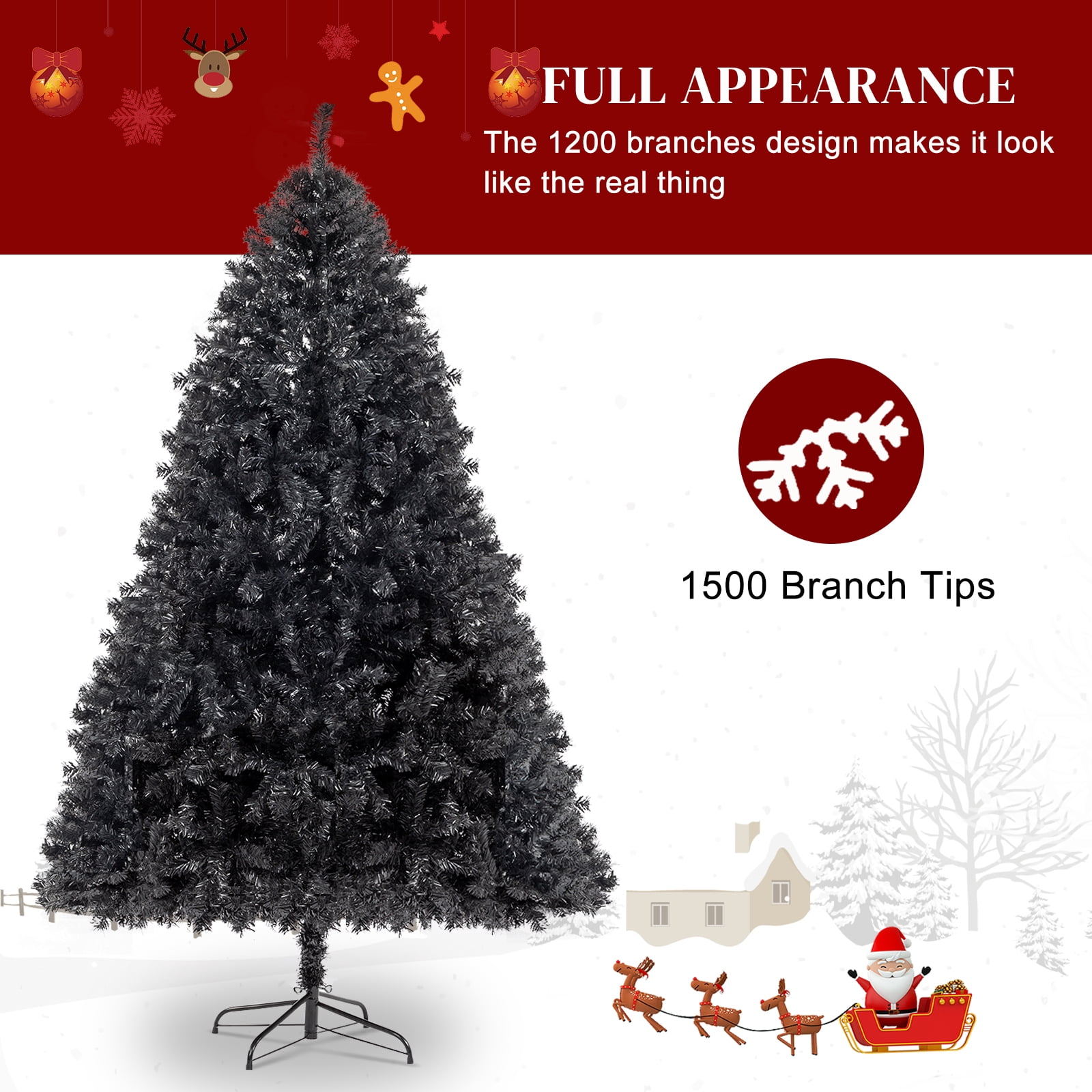 7 FT Artificial Christmas Tree, 1500 PVC Branch Tips and Sturdy Metal Stand, High-Quality Durable Tie Tree, Black