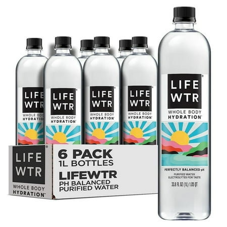 LIFEWTR Purified Drinking Water  1 Liter  6 Pack Plastic Bottles