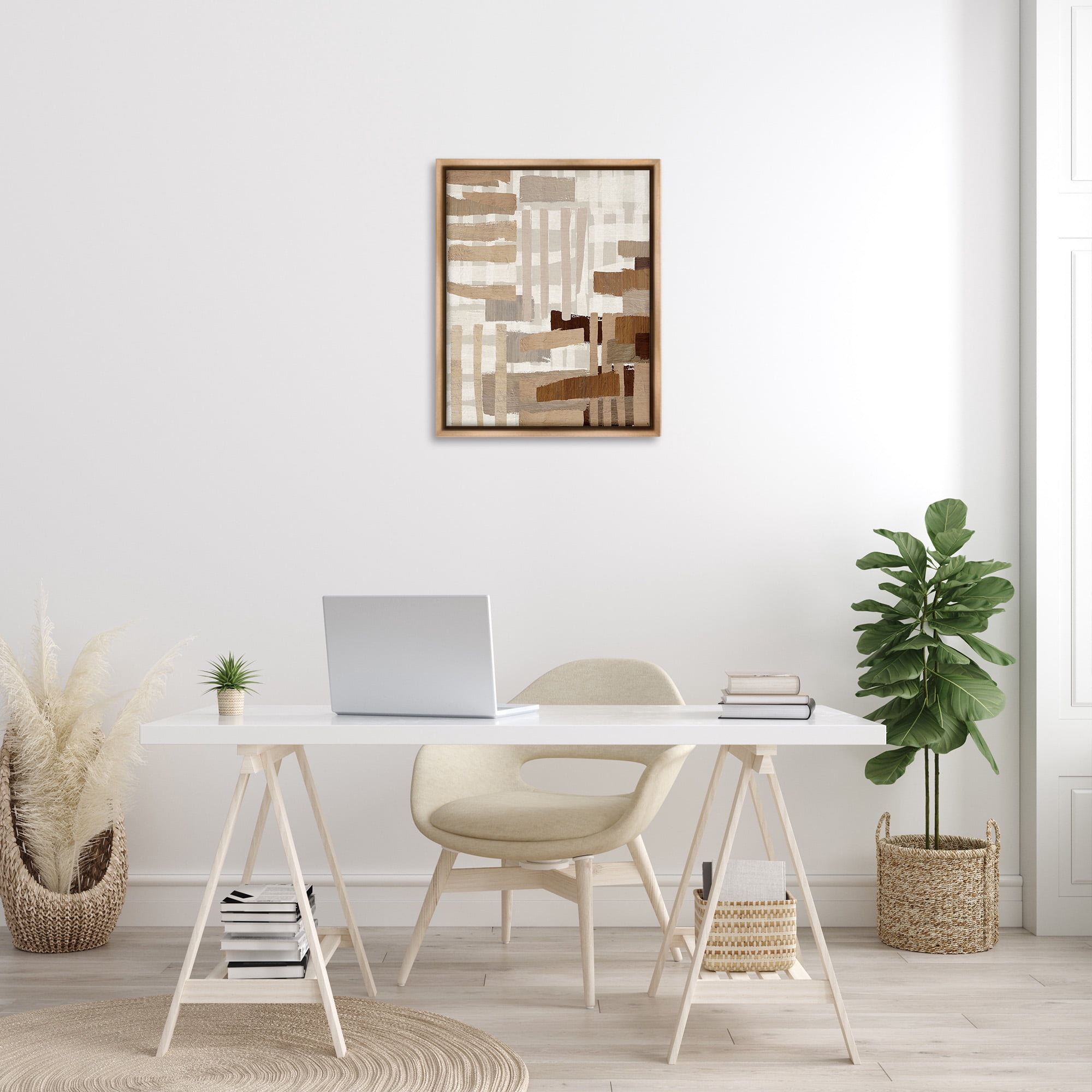 Stupell Industries Natural Hatched Hues Abstract Painting Brown Floater Framed Canvas Art Print Wall Art, 25 x 31