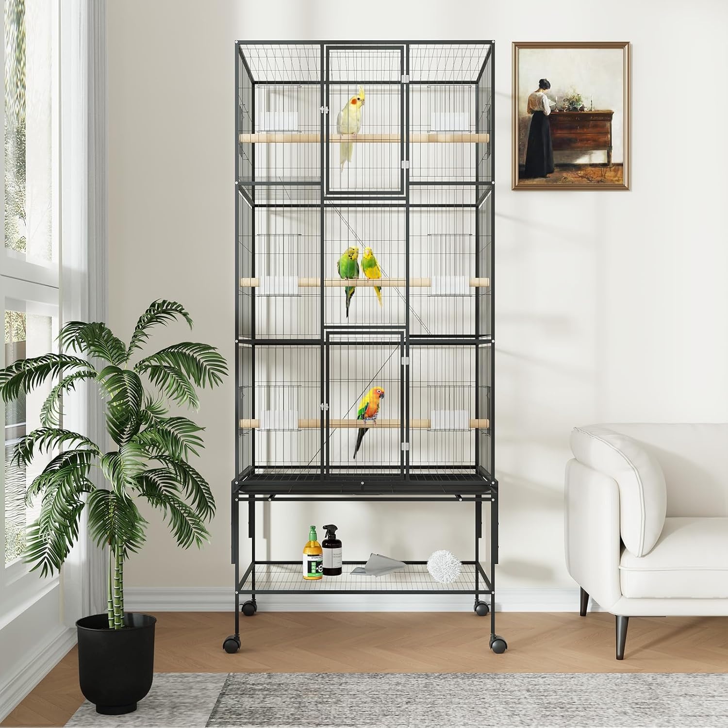 69 Inch Extra Large Wrought Iron Bird Cage for Parrots - Flight Cage with Storage Shelf & Stand, for Cockatiels, Conures, Parakeets, Lovebirds, and Finches