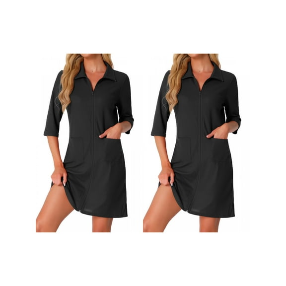 NOMADIC NOOK Womens 2 Pack Zip Waffle Robes 3/4-Sleeve Bathrobe Knee-Length Light Housecoat Short Sleepwear with Pockets X-Small 2 Packs Black