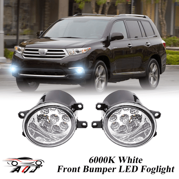 Pair Front LED Fog Lights Kit for Toyota Highlander 2008-2011 2012, 55W 6000K White Off-Road Lamps Black Front Bumper LED Fog Lights