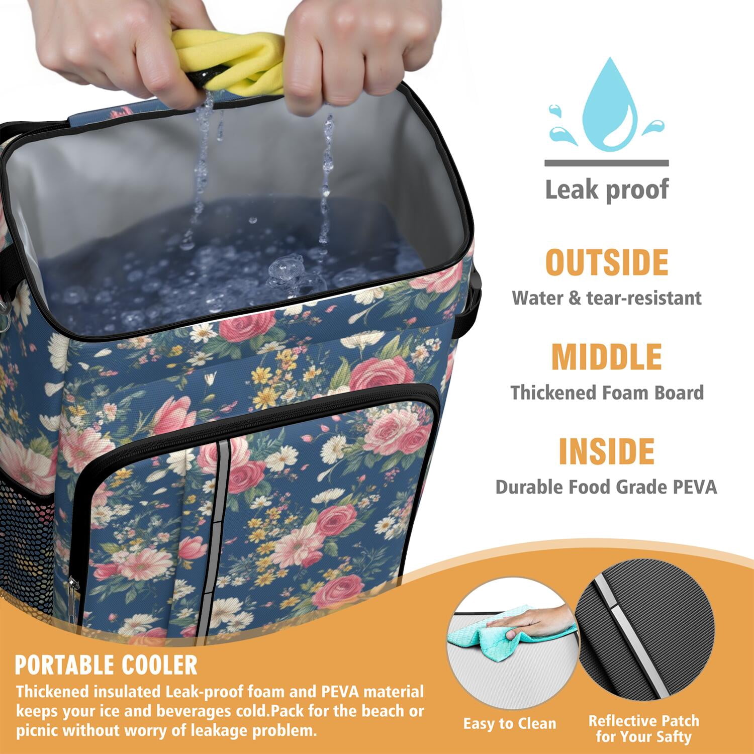 Travel Cooler Bag - Pioneer Flower Floral Print Pattern Camping Beer Cooler Backpack with Bottle Opener- Waterproof Insulated Picnic Backpacks - Cooler Bag for Beach