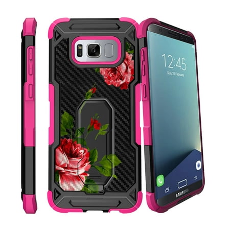 Case for Samsung Galaxy S8 Plus Version [ UFO Defense Case ][Galaxy S8 PLUS SM-G955][Pink Silicone] Carbon Fiber Texture Case with Holster + Stand Flower