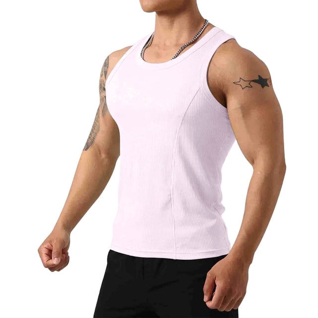 pstuiky Camisetas sin mangas para hombre, Camiseta de verano para hombre, color liso, sin mangas, cuello redondo, informal, deportiva, cuello redondo Camisas para hombres m