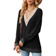 thumbnail image 2 of SHIBEVER Tops for Women Fall Casual Long Sleeves Blouses Blasic Soild Black Knit Tunic Lace Tops V Neck Loose T Shirt for Women Size M, 2 of 6