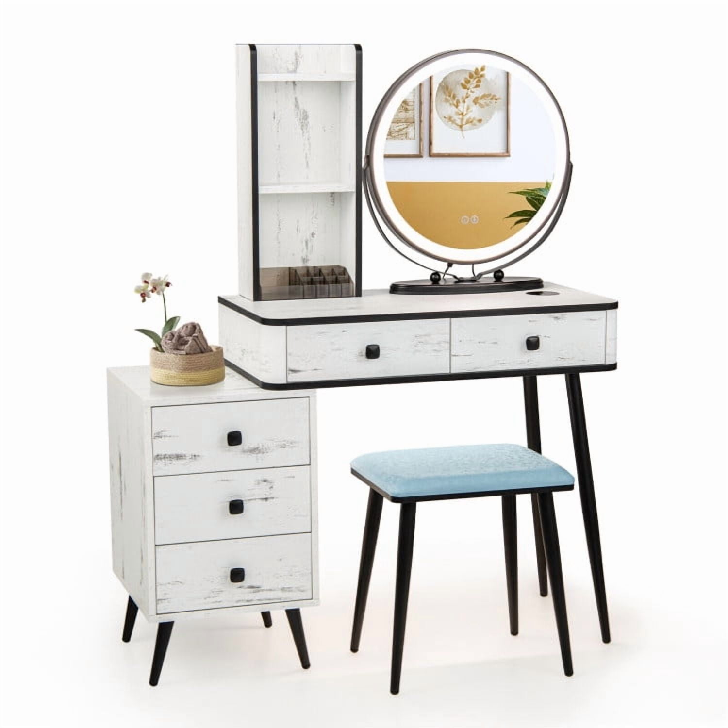 Kadyn Vanity Desk with 5 Drawers, Makeup Vanity Table with Cushioned Stool, Dressing Table Makeup Desk for Bedroom, Living Room, White
