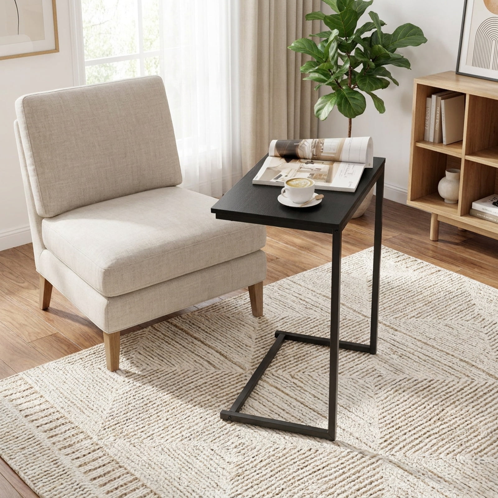 Furnibear C Shaped Side Table Sofa Snack End Table with Sturdy Metal Frame and Wood Grain Top for Living Room Bedroom and Couch, Black