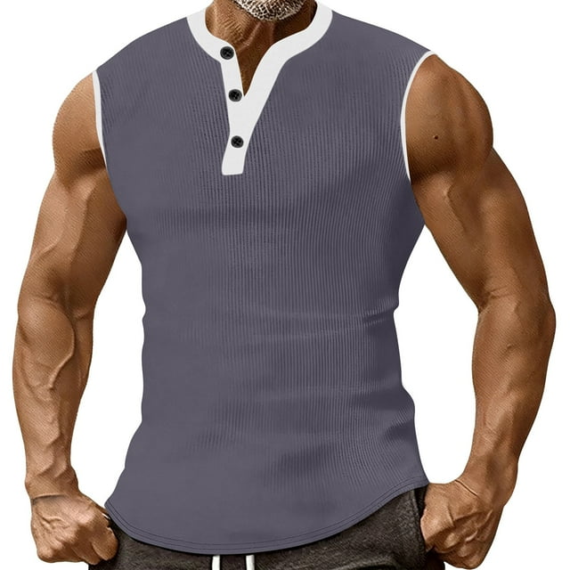 Men's Ribbed Sleeveless Henley Tank Top Contrast Trim Soft Fabric Summer Casual & Daily Wear For Canadian Men,Gray,M