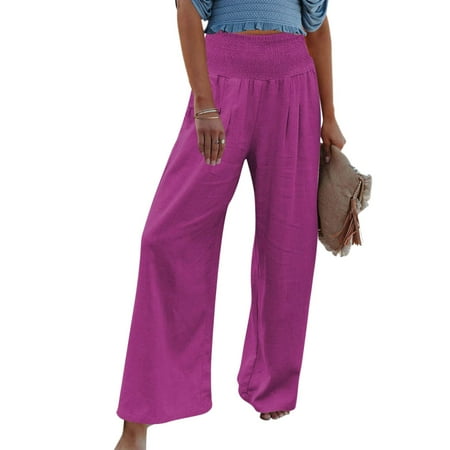 

Fashion Womens Pants High Waist Wide Leg Palazzo Lounge Pants For Women Smocked Elastic Waist Loose Comfy Casual Pajama Pants Pockets