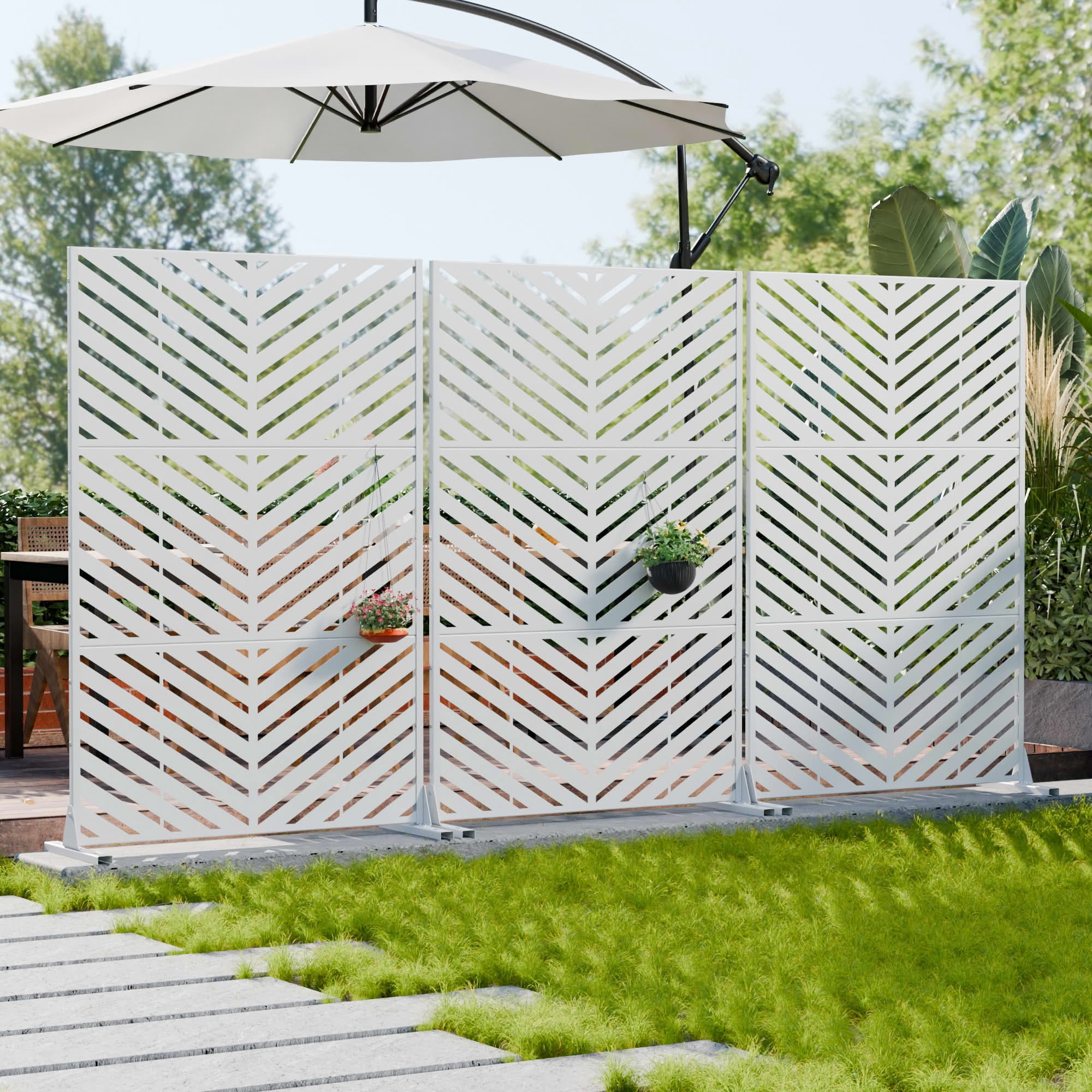 MAYEERTY 2-Piece Outdoor Metal Privacy Screen 6ft × 4ft White, 3-Panel Parallel Decorative Screen, Rust-Resistant for Patio