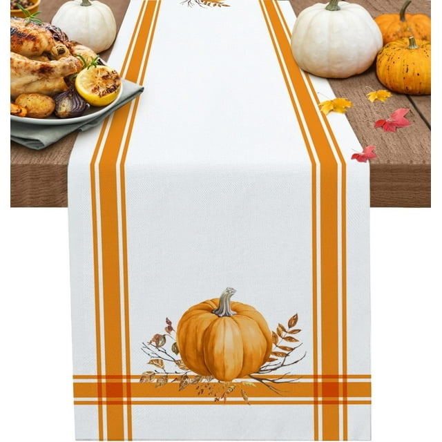 Fall Thanksgiving Table Runner Pumpkin Leaf Branch Runners for Dining Tables Orange Stripes Autumn Dinner Runner Kitchen Parties Decor 13" x 48"
