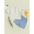 thumbnail image 2 of FEORJGP Toddler Boy Summer Cotton Linen Set Infant Long Sleeve T-shirt Solid Color Shirt Crew Neck Button Tops with Elastic Waist Shorts 2Pcs Outfit Loose Casual Clothes Set, 2 of 9