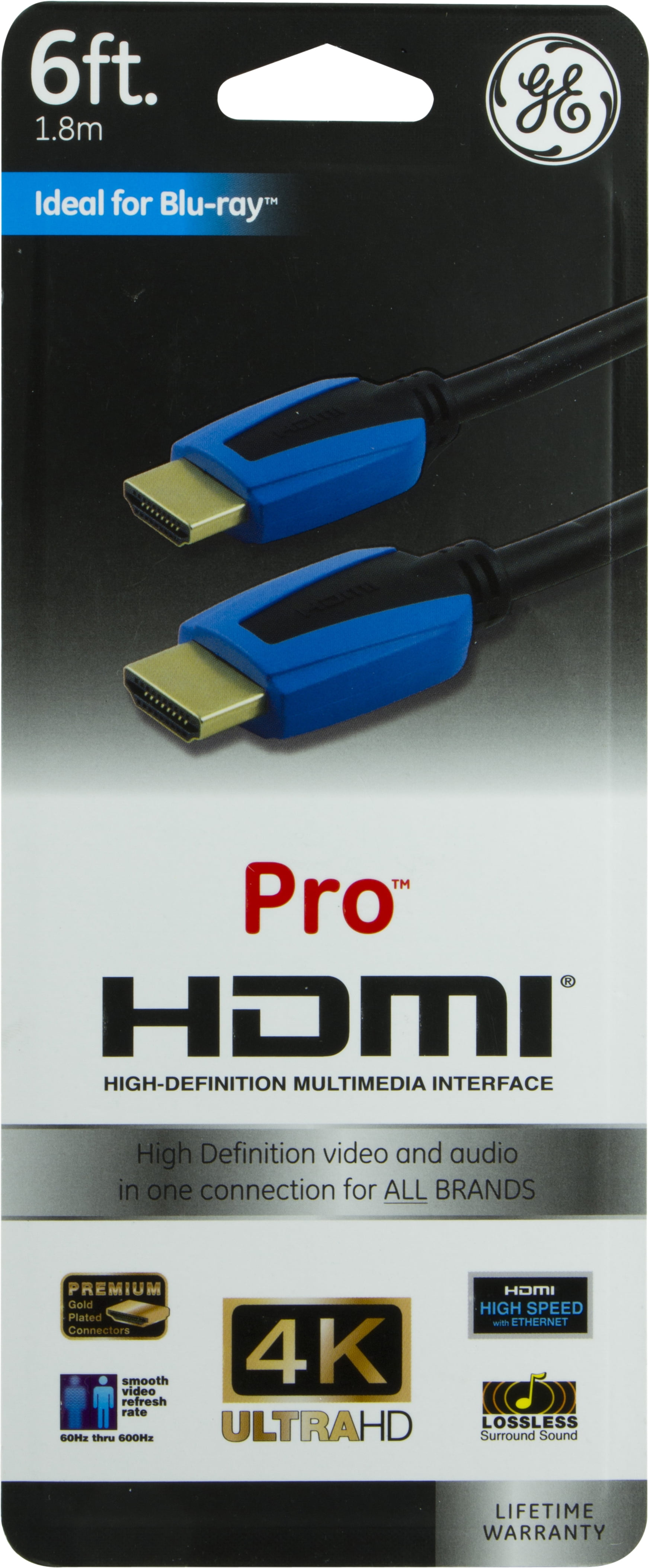 GE HDMI Cable, 6Ft Pro Series Blue Ray Blue & Black Head
