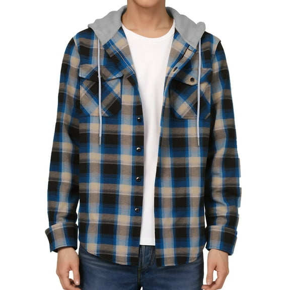 SPEEDRUN Men's Hooded Flannel Shirt for Men Plaid Shirts Long Sleeve Button-Down Flannel Jacket Hoodie, Blue&Brown M