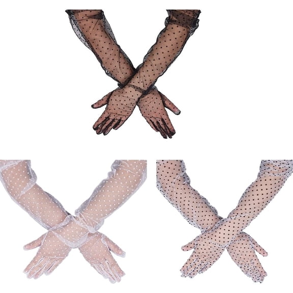 3 Pairs 3 Colors Elbow Length Polka Dot Long Lace Tulle Gloves Black White Vintage Sexy Mesh Opera Elegant Full Finger Sheer Gloves Bulk for Women Wedding Tea Party Costume Bridal