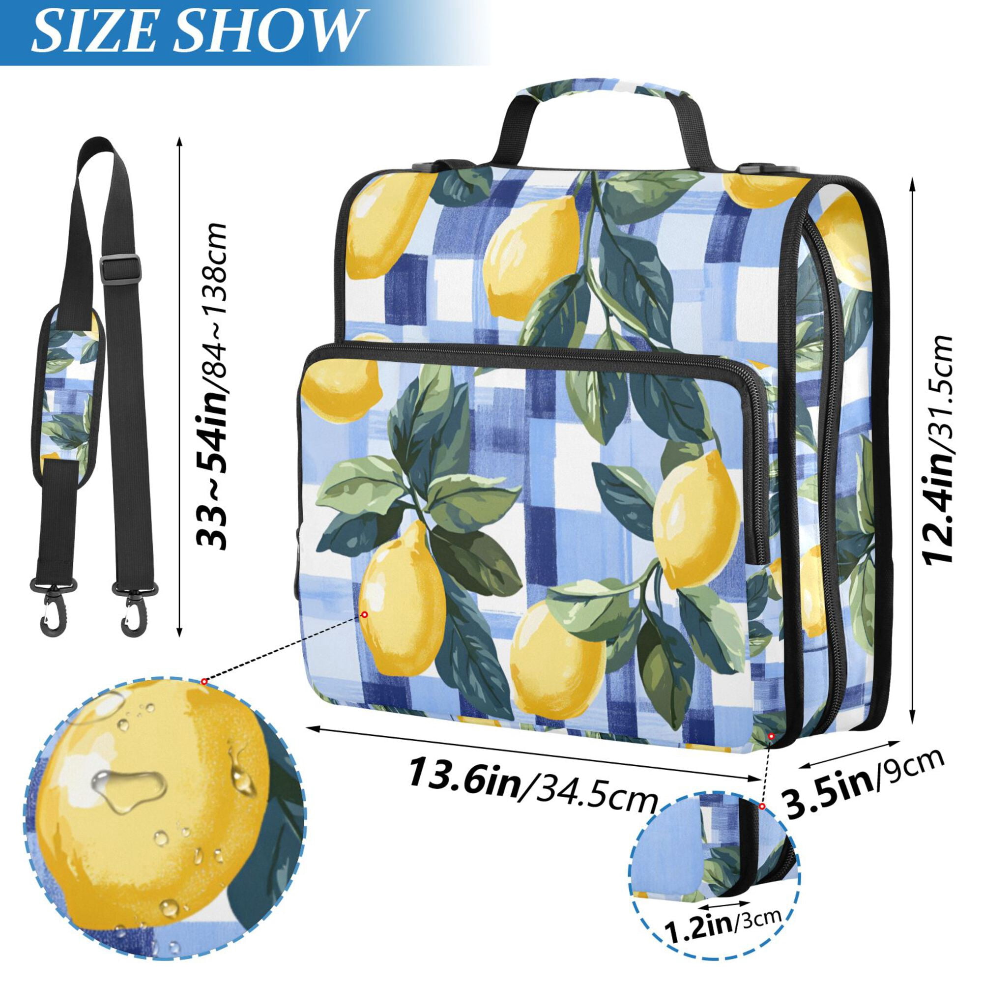 FORMRS Zipper Binder with Shoulder Strap 2-inch Ring 500 Sheet Capacity File Bag, Cartoon Lemon Leaves