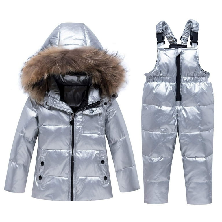 JiAmy Kids Winter Puffer Jacket and Snow Pants,2-Piece Hooded Snowsuit Ski  Bib Pants Set Outfit for Boys Girls,Silver 