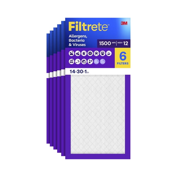 Filtrete 14x30x1 HVAC Furnace Air Filter, MPR 1500 MERV 12, Advanced Allergen Reduction, 6 Pack