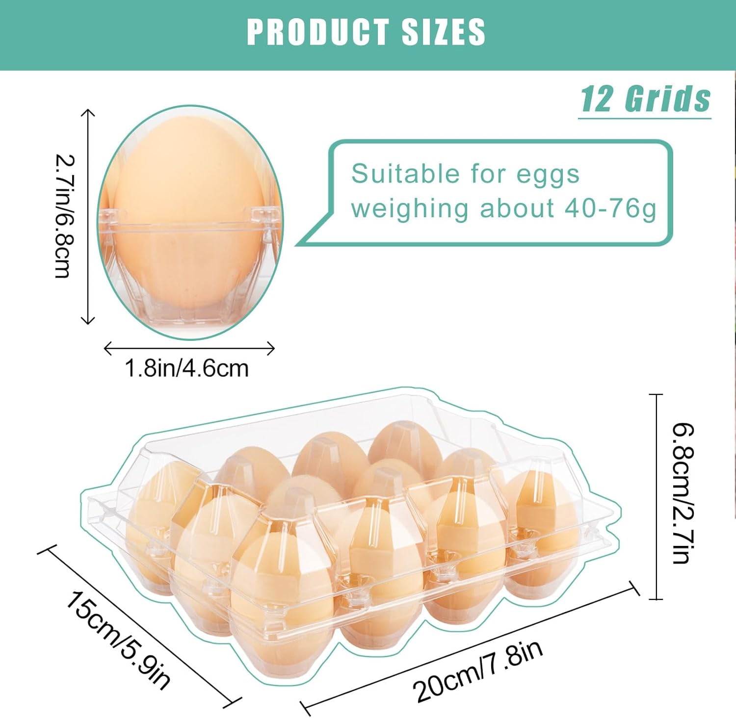 50 Pack Clear Plastic Egg Cartons, 12-Count 3×4 Grid Egg Containers for Family, Farm, Market Display and Storage (Large)