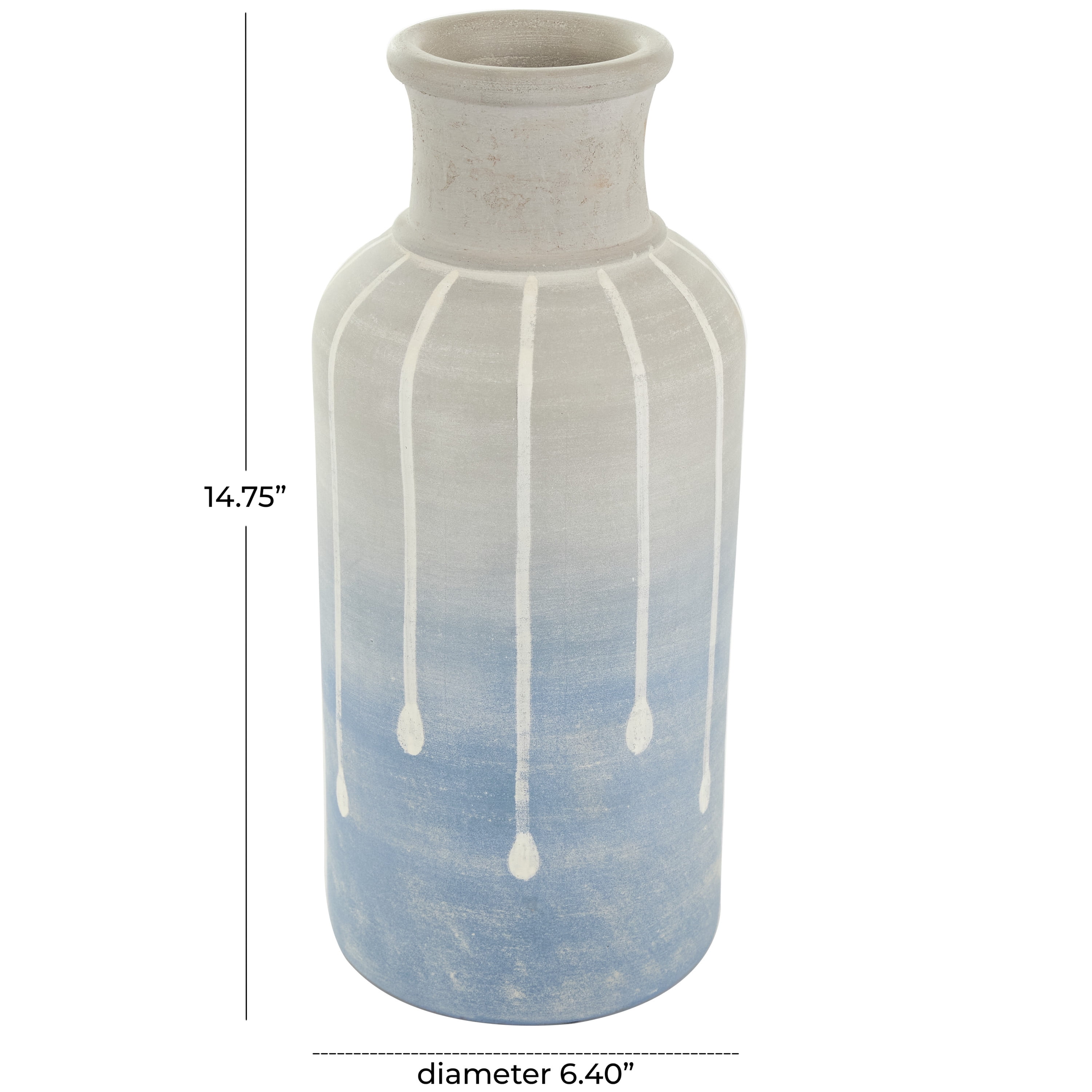 DecMode 15" Abstract Ombre Drip Blue Ceramic Vase with Gray and White Accents