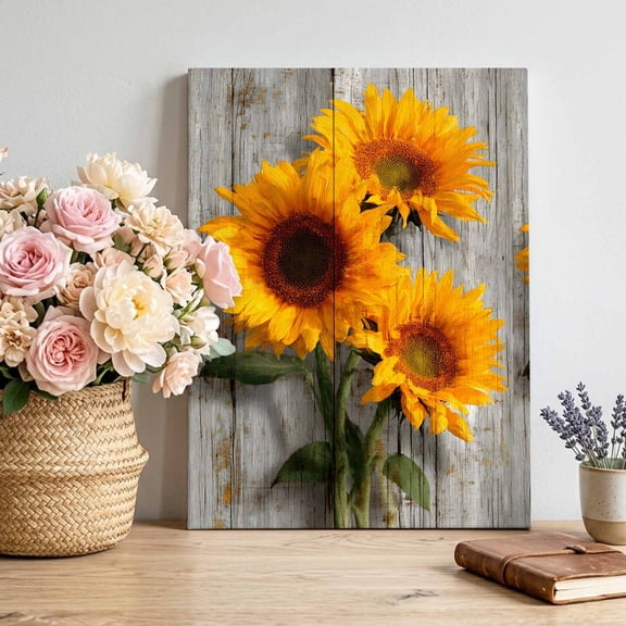 Canvas Wall Art Sunflowers Canvas Art Print Flowers Vertical Wood Farmhouse Rustic Pictures Wall Decor for Living Room Bedroom Artwork Decorations Stretched Framed Ready to Hang 12"x18"
