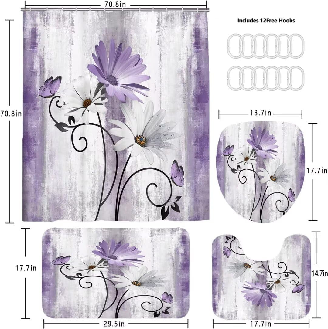 4PCS Daisy Country Farmhouse Shower Curtain Set with Shower Curtain and Carpet and Accessories, Waterproof Bathroom Shower Curtain Decorative Set with 12 pcs Hooks,71 x 71in