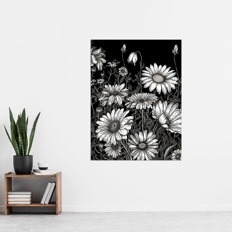 Daisy Flower Field Black and White Illustration Extra Large XL Daisy Flower Field Black and White Illustration Extra Large XL