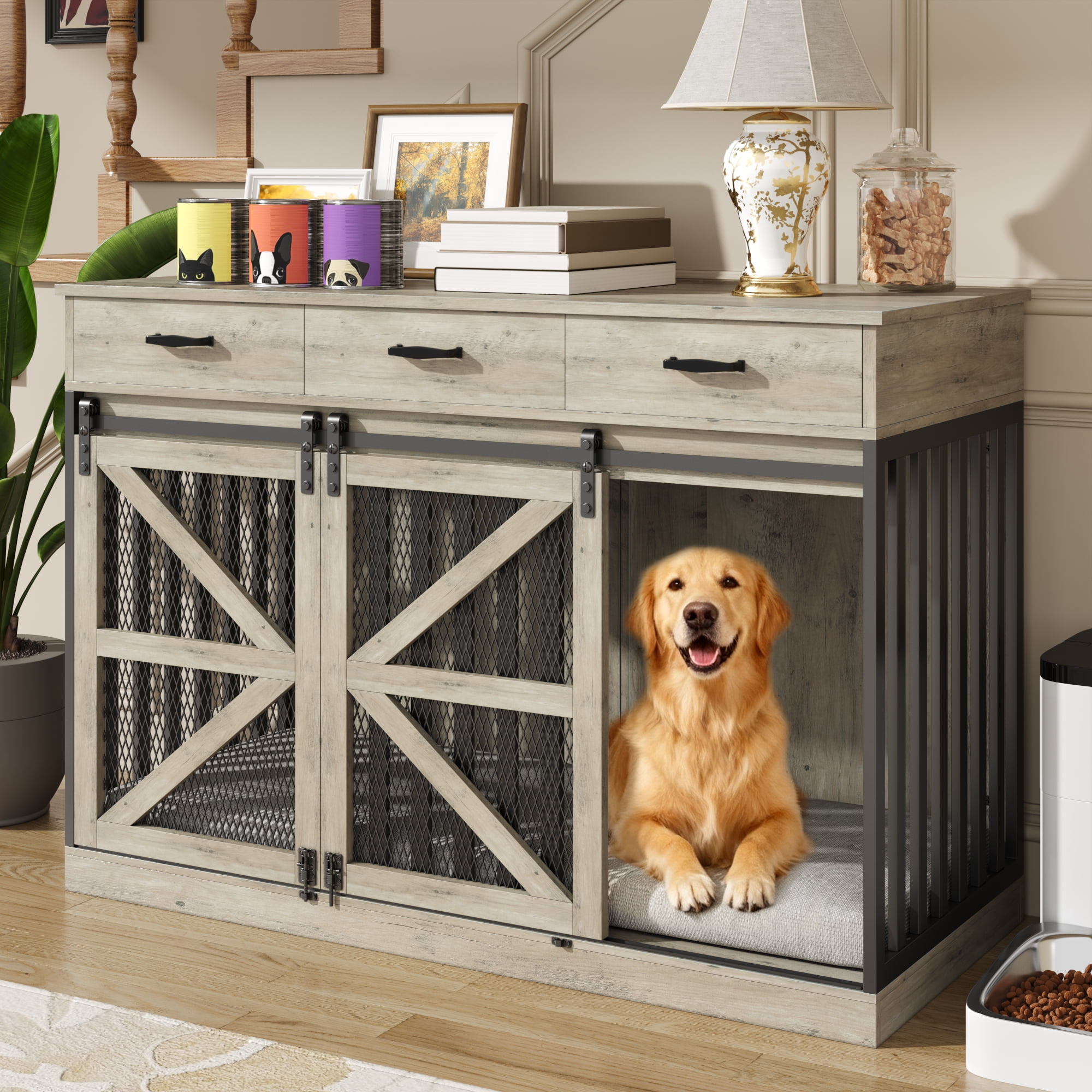 Casendy Dog Crate Furniture with Adjustable Divider for 2 Dogs, Heavy Duty Dog Kennels with 3 Drawers and Sliding Doors, Media Console Dog Cage for Living Room, Gray
