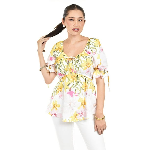 Blusa floreada de chiffon Roman Fashion /Juvennil, 1826 (Amarillo flores) amarillo G