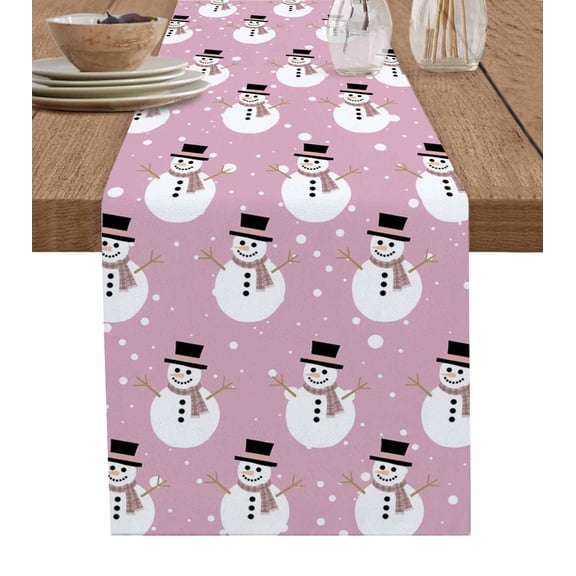 Pink Christmas Snowman Table Runner 36 Inches, Winter Xmas Snowflake Cute Bed Runner Dresser Scarves Tabletop for Indoor Outdoor Parties/Ceremony/Banquet, 13"x 36"