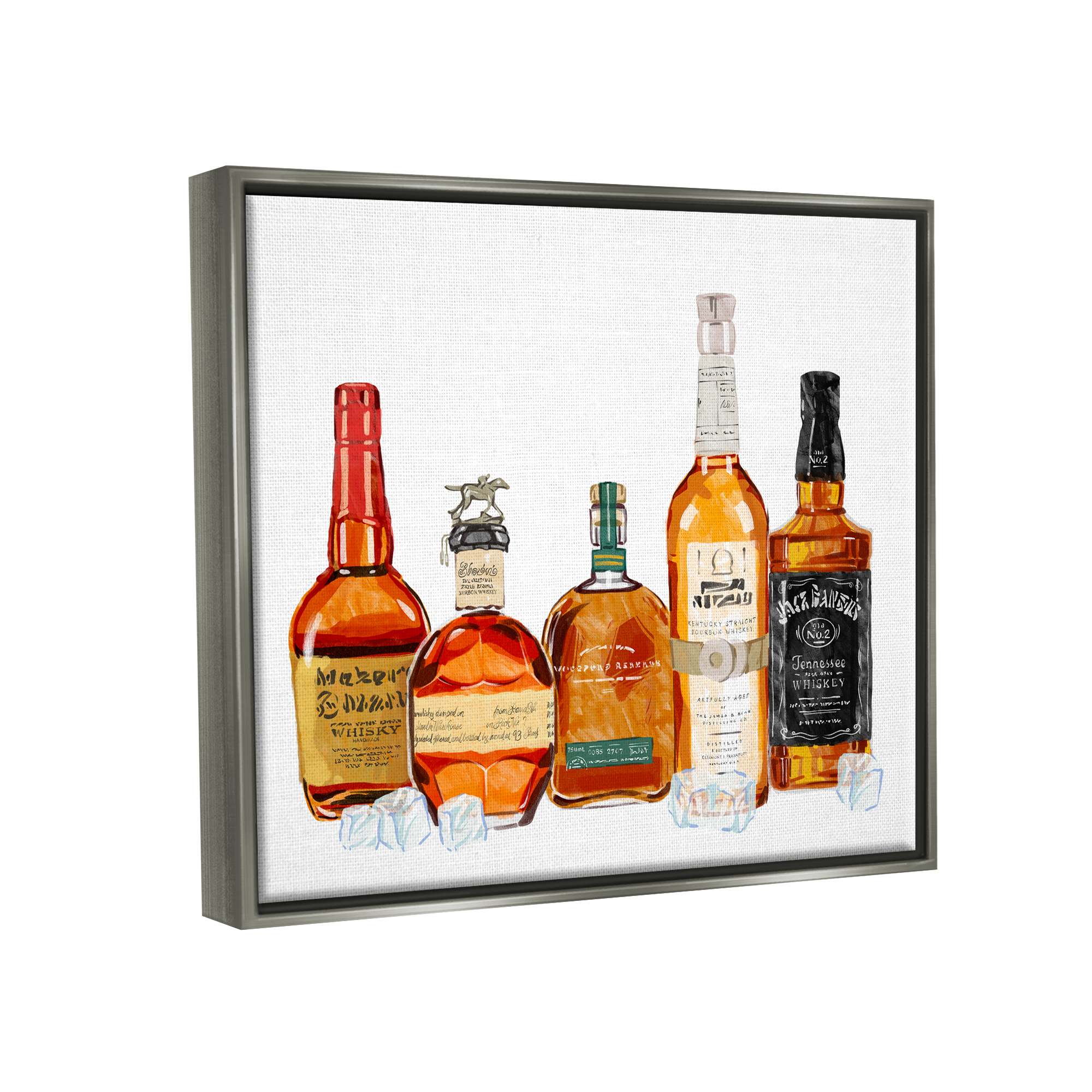Stupell Industries Whiskey Bottles & Ice Cubes Food & Beverage Painting Gray Floater Framed Art Print Wall Art, 31 x 25